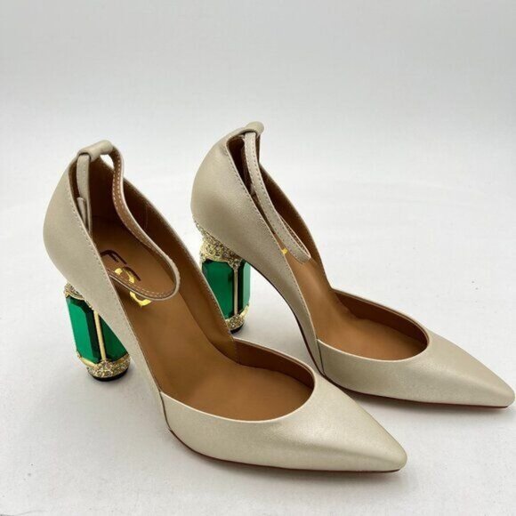 FSJ Cream Heels with Green and Gold Accents - Picture 1 of 7
